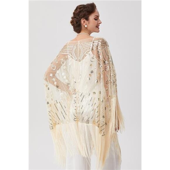 1920s Sequin Beaded Shawl Wraps Fringed Evening Cape Scarf for Wedding - Picture 4 of 7